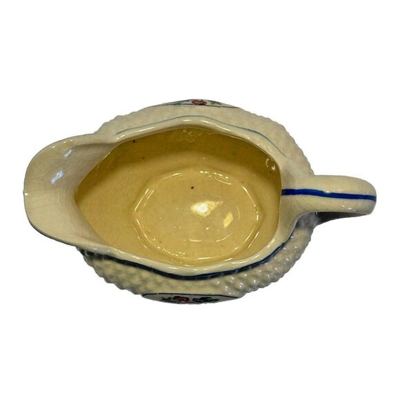 Vintage Japan K Porcelain Creamer Basket Weave Blue Trim Floral 1950s - Picture 5 of 7